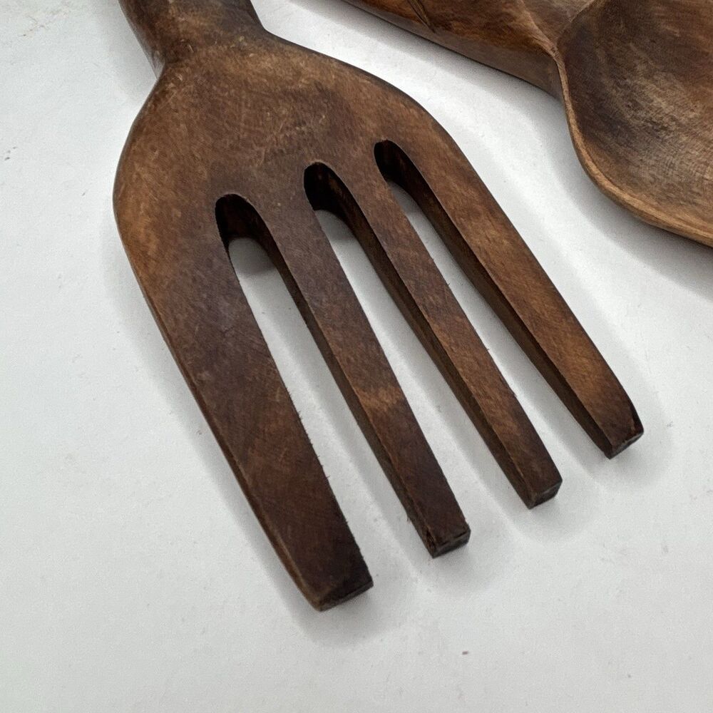 Vintage Made in Philippines 12” Carved Wood Salad Serving Spoon Fork Set MCM - Picture 14 of 16